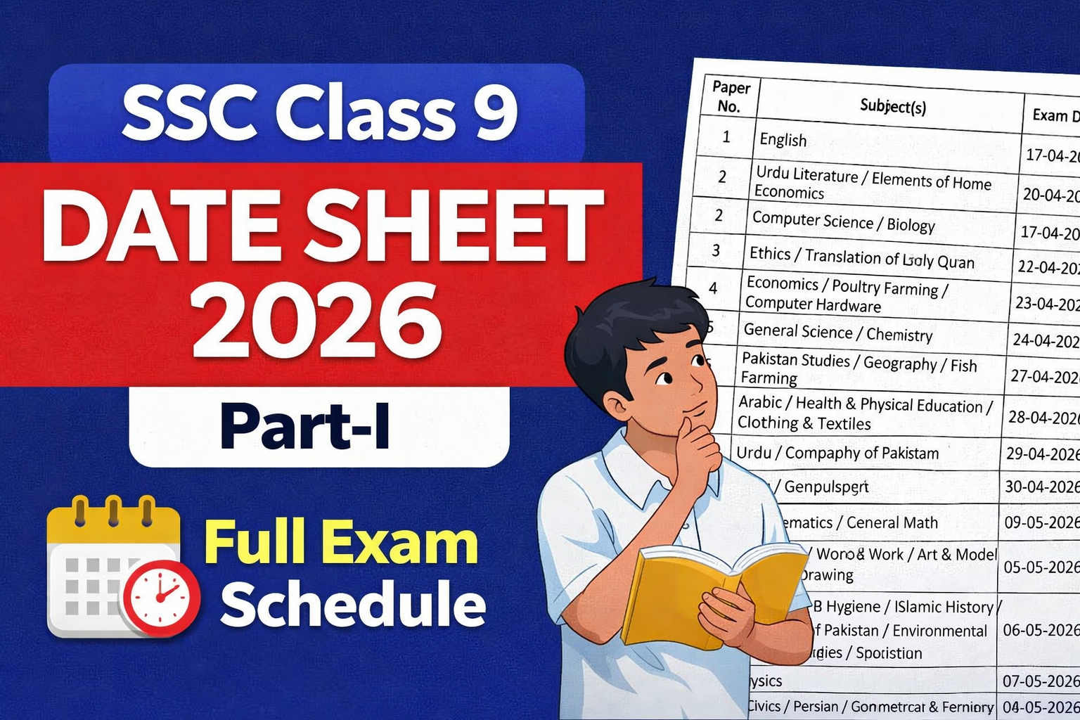 SSC Class 9 Date Sheet 2026 – Complete Exam Schedule (Part-I)