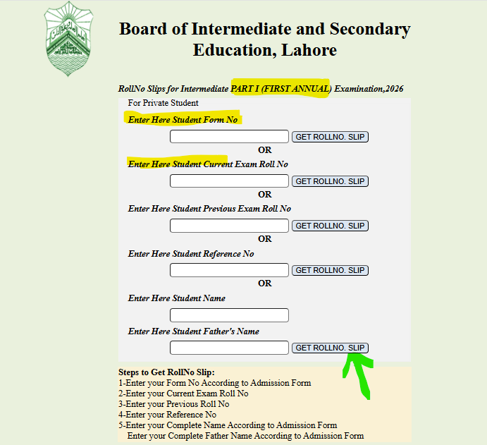 BISE Lahore 11th Class Roll Number Slips 2026
