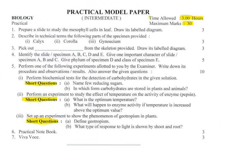 Biology Practical Model Papers Lahore Board