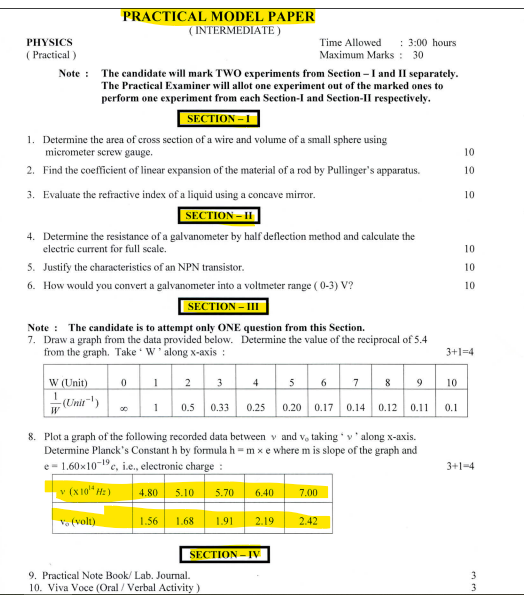 Physics Practical Model Papers Lahore Board