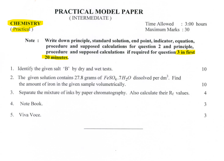 Chemistry Practical Model Papers Lahore Board